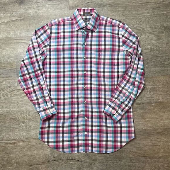 Peter Millar Long Sleeve Shirt Mens Medium Blue Pink Plaid 100% Cotton - Picture 1 of 8